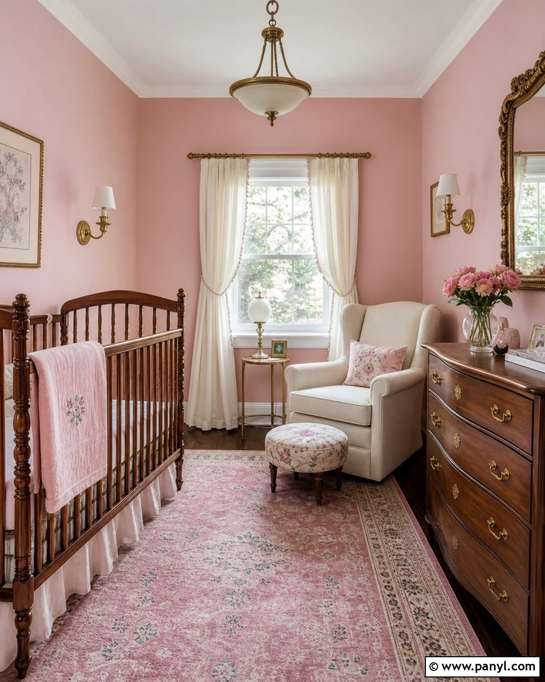 Vintage Pink Nursery With Brass Accents - 25 Pink Walls Nursery Ideas