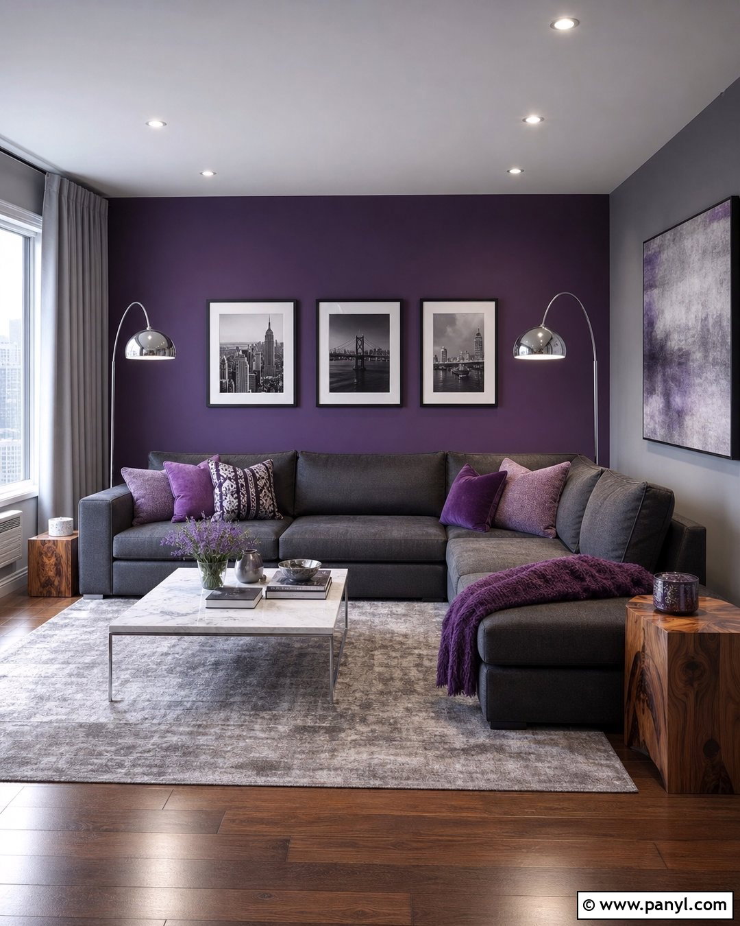 Violet And Gray Purple Accent Wall Living Room - 30 Purple Accent Wall Living Room Ideas