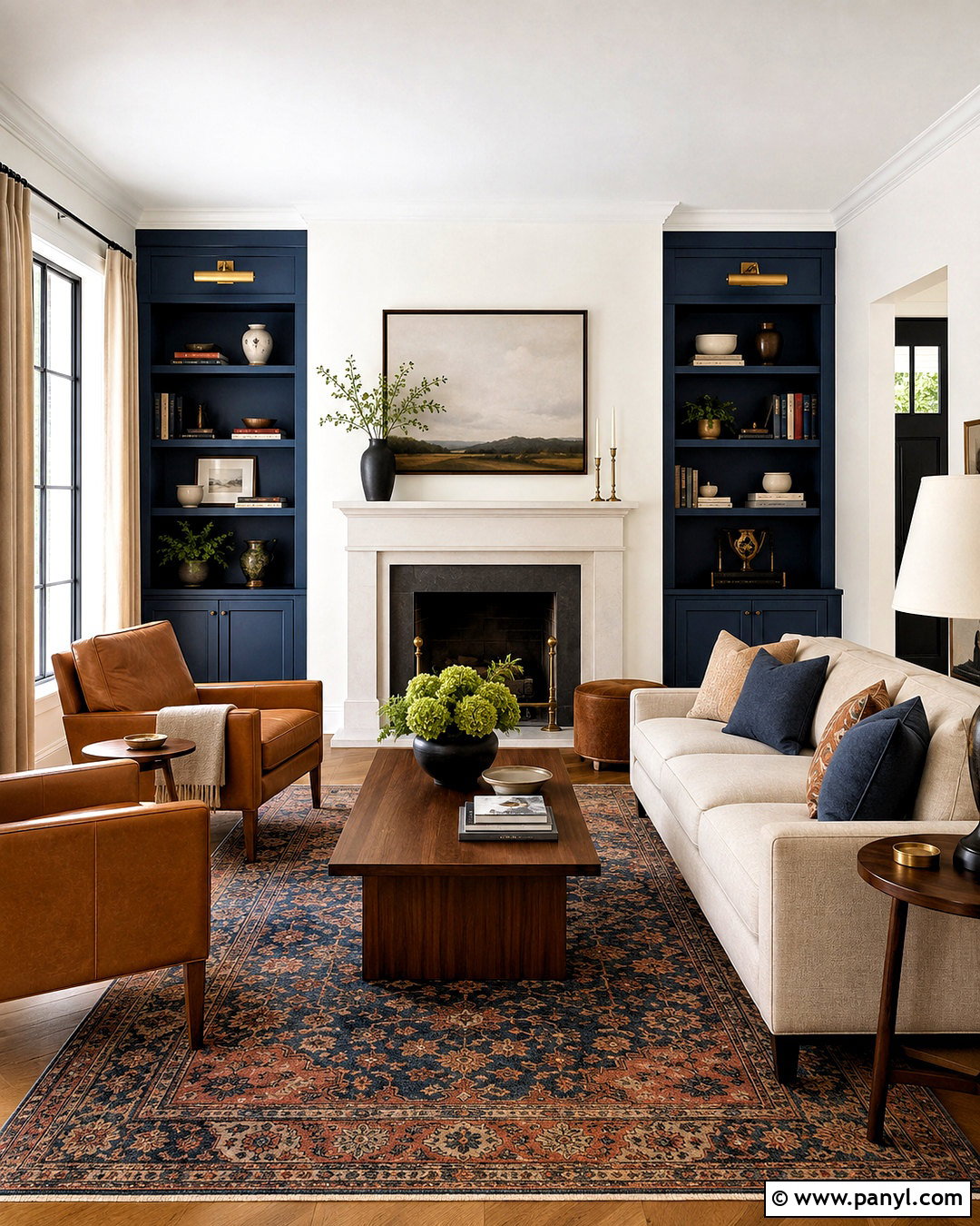 Wall White Living Room With Navy Built-Ins - 20 Wall White Farrow And Ball Ideas
