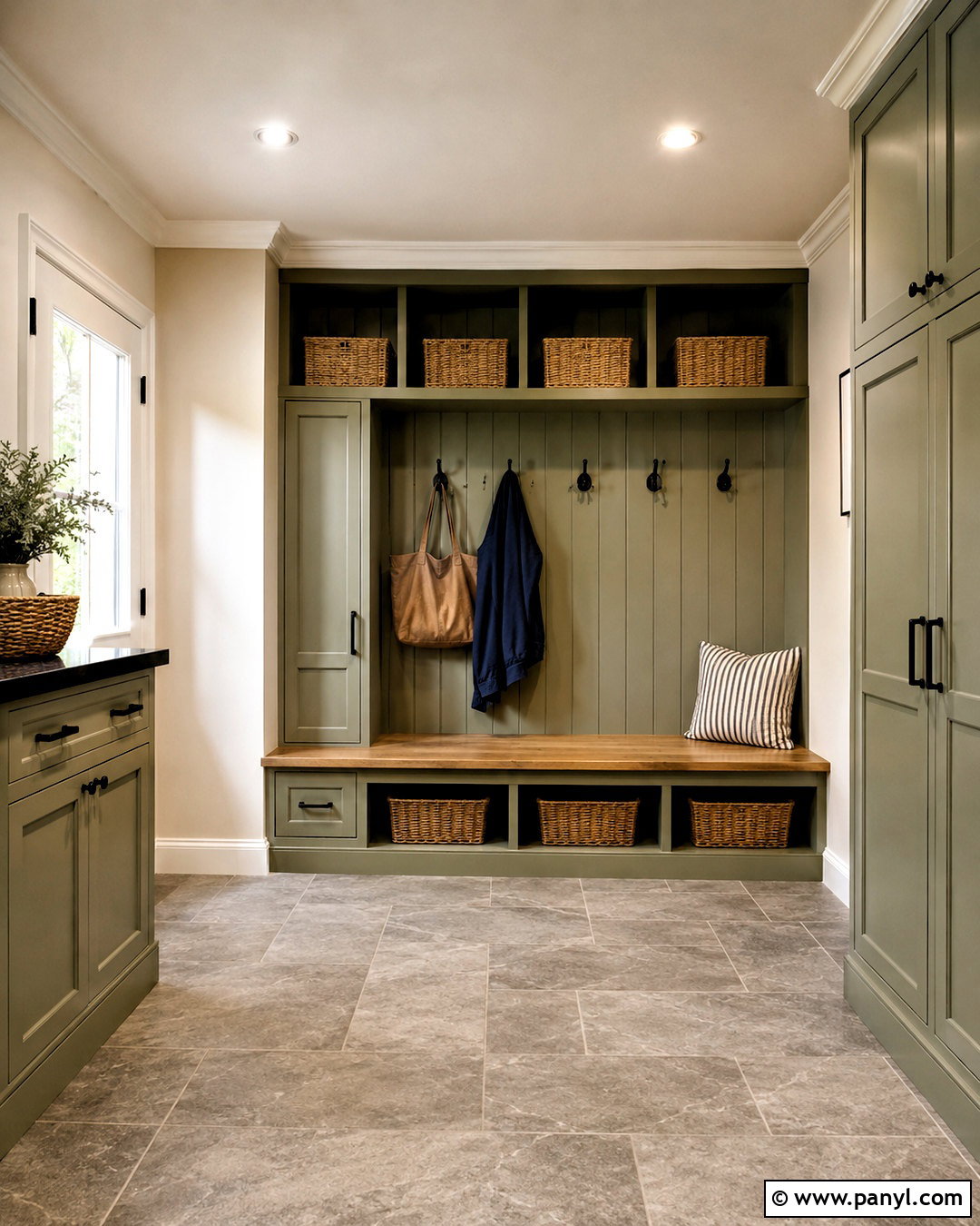 Wall White Mudroom With Sage Storage - 20 Wall White Farrow And Ball Ideas