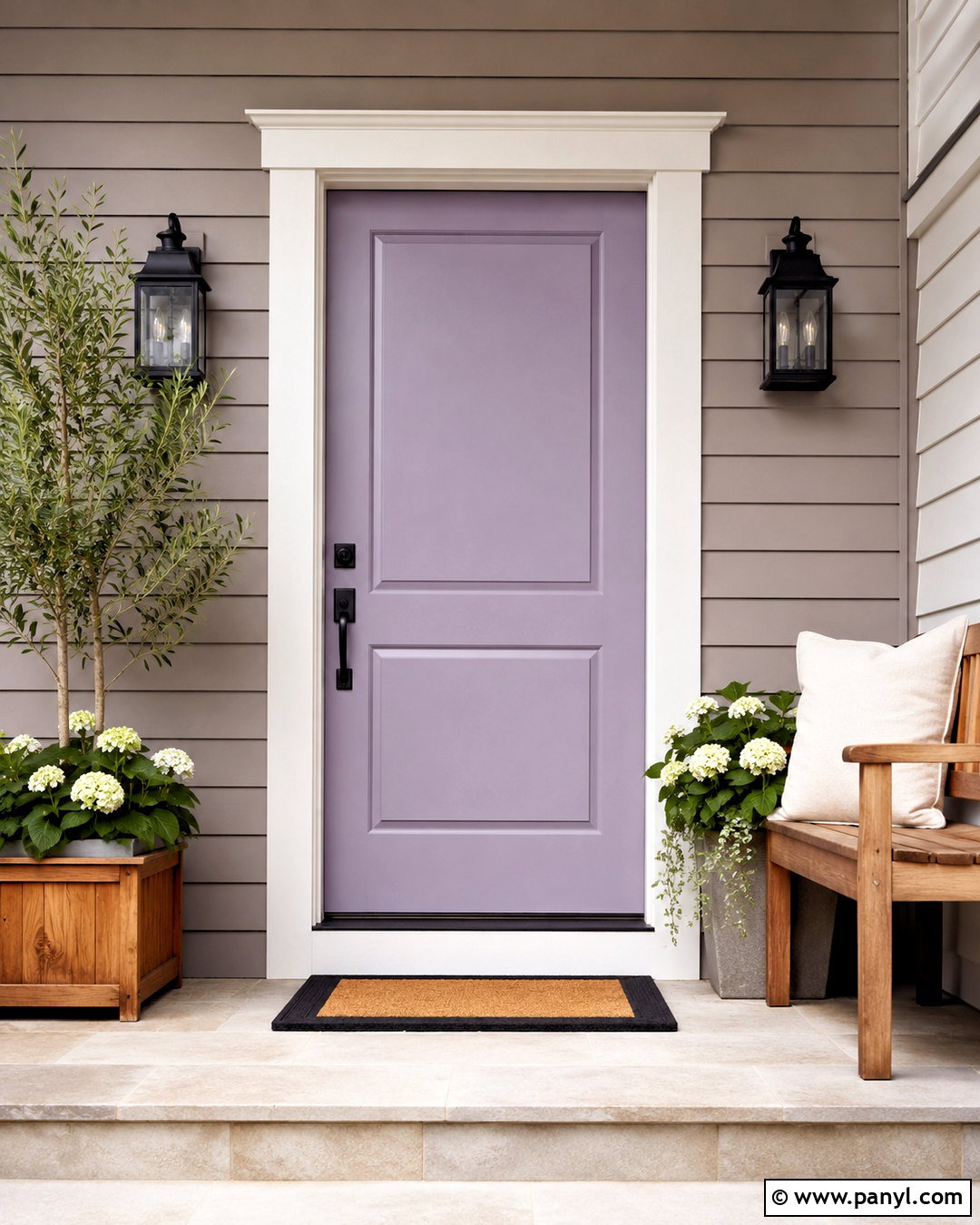 Wallflower Front Door With Greige Siding - 20 Wallflower Color Ideas