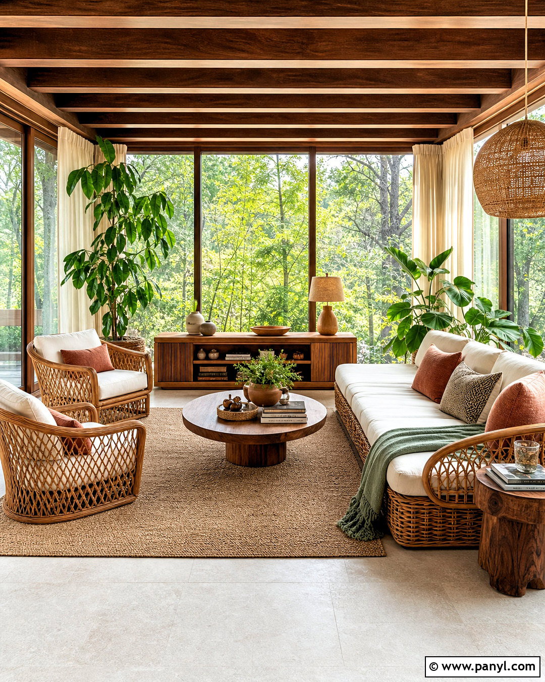 Walnut And Rattan Sunroom - 20 wood combination interior ideas