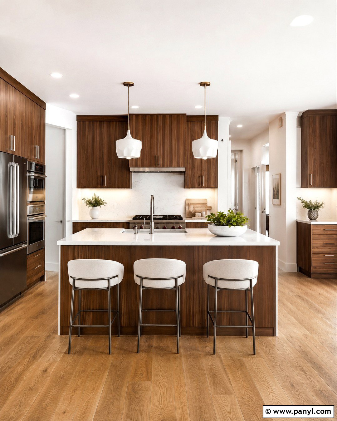 Walnut Cabinets With White Quartz - 20 White Walls Brown Cabinets