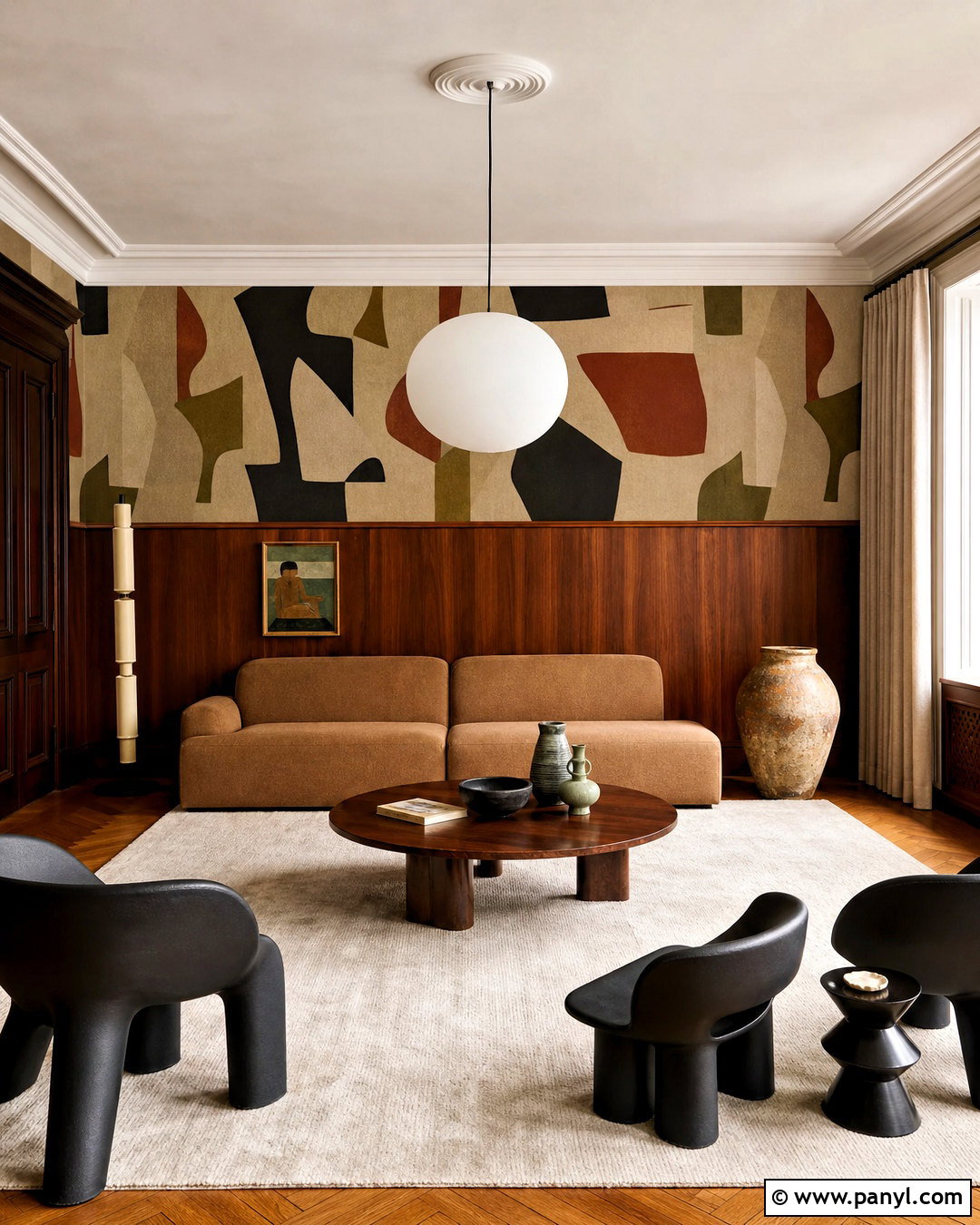 Walnut Paneling With Abstract Wallpaper - 20 half wallpaper half paneling ideas