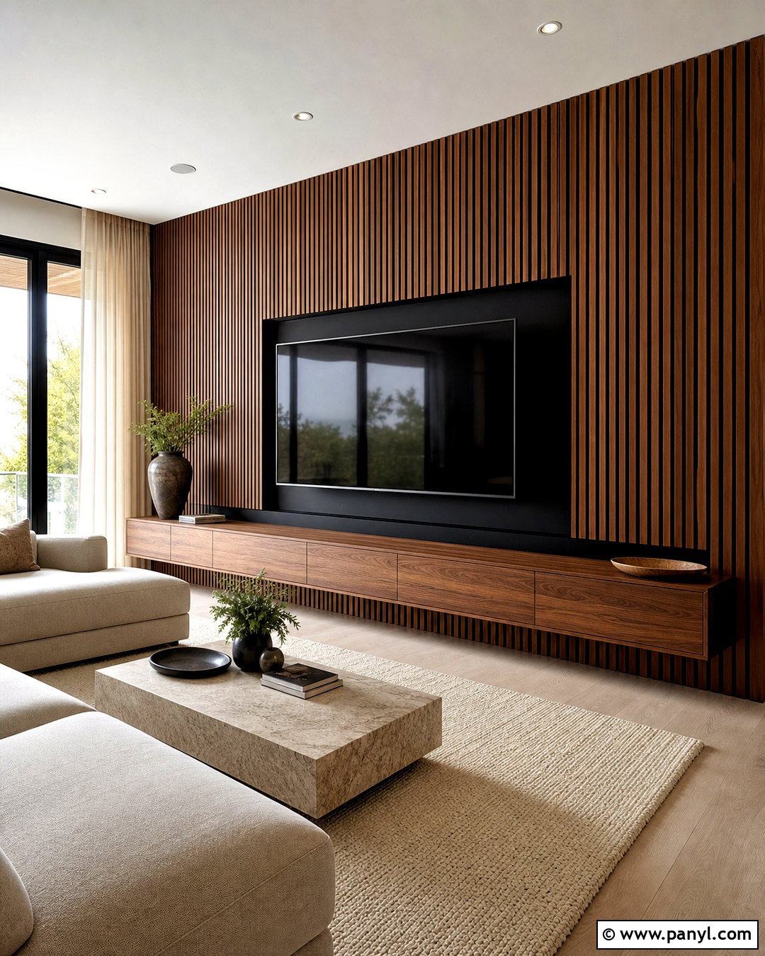 Walnut Slat Living Room Accent Wall - 20 accent wall for living room ideas