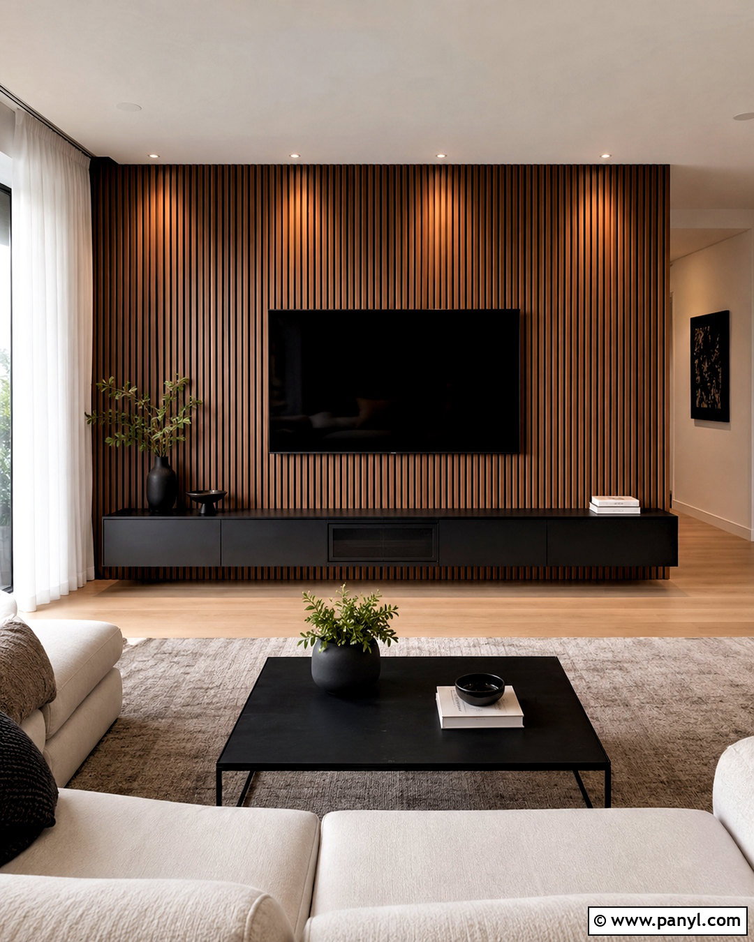 Walnut Slat Media Wall - 20 diy wood accent wall ideas