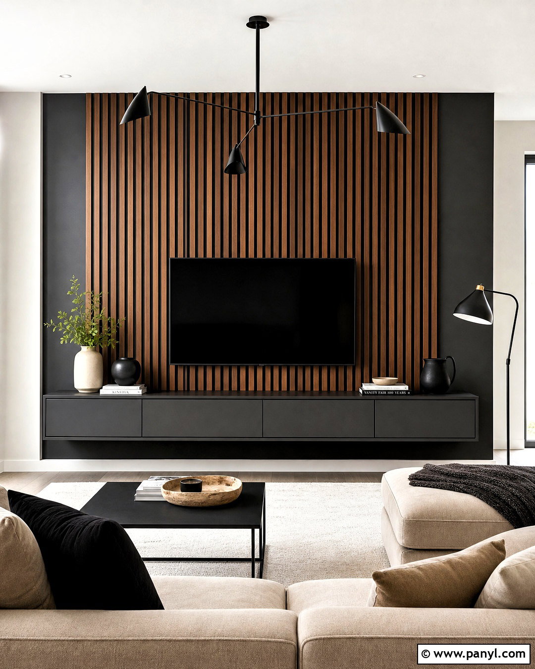 Walnut Slat TV Wall With Floating Console - 20 slat wall behind tv ideas