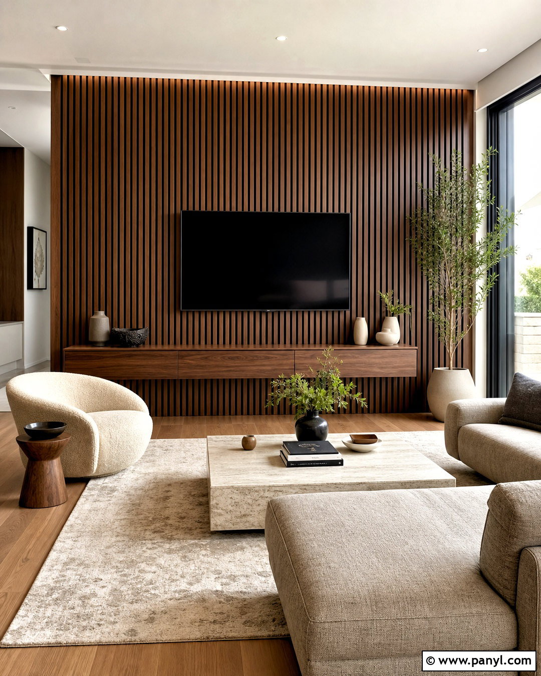Walnut Slat TV Wall - 20 brown wall texture ideas