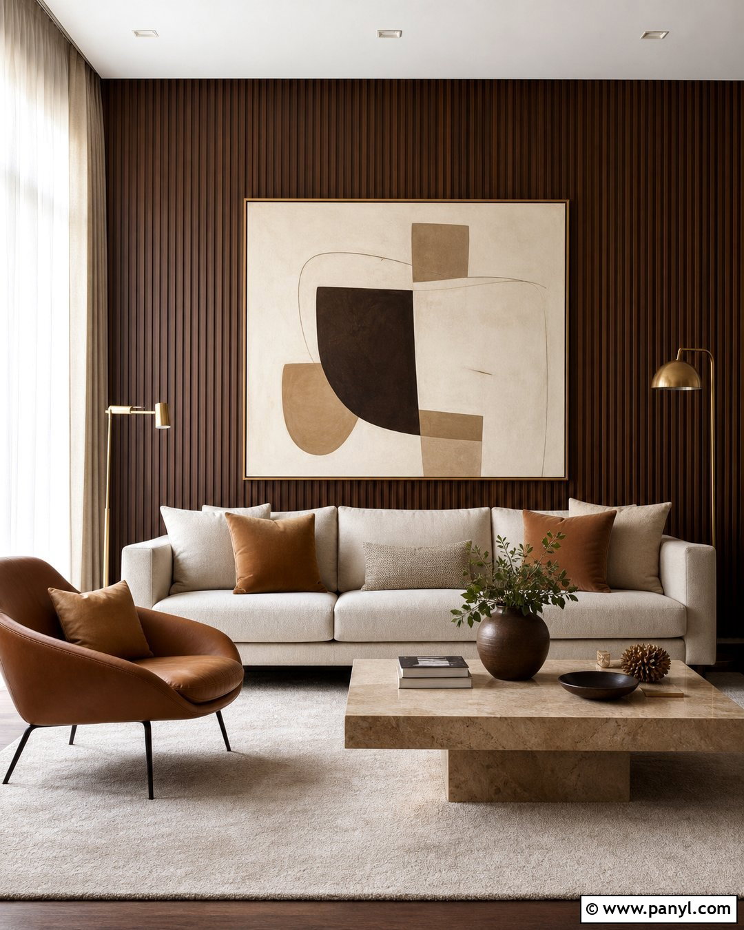 Walnut Slat Wall Cream Living Room - 20 Neutral Color Slat Wall Ideas