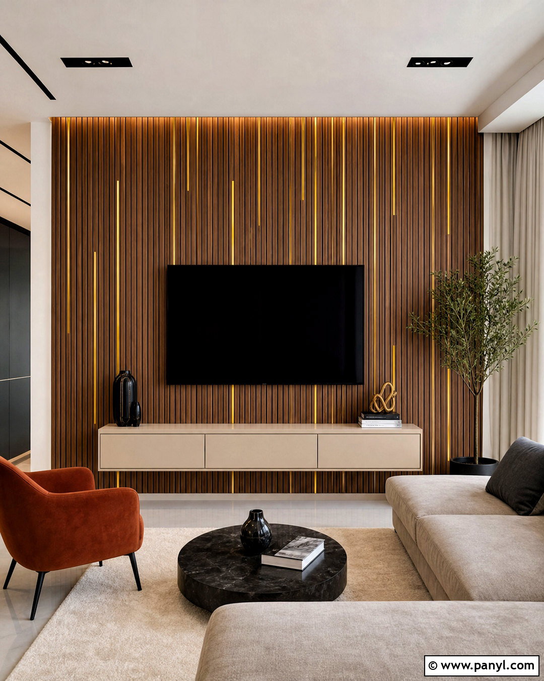 Walnut Slat Wall With Gold Inlay Strips - 20 golden strips on wall ideas
