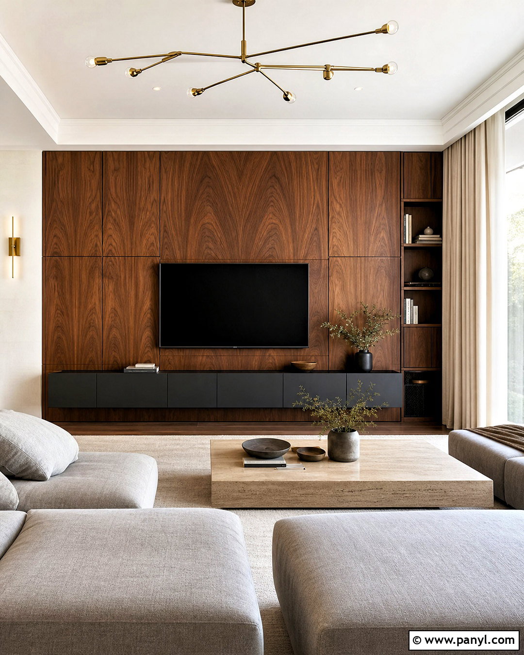 Walnut TV Wood Accent Wall - 20 modern wood accent wall ideas