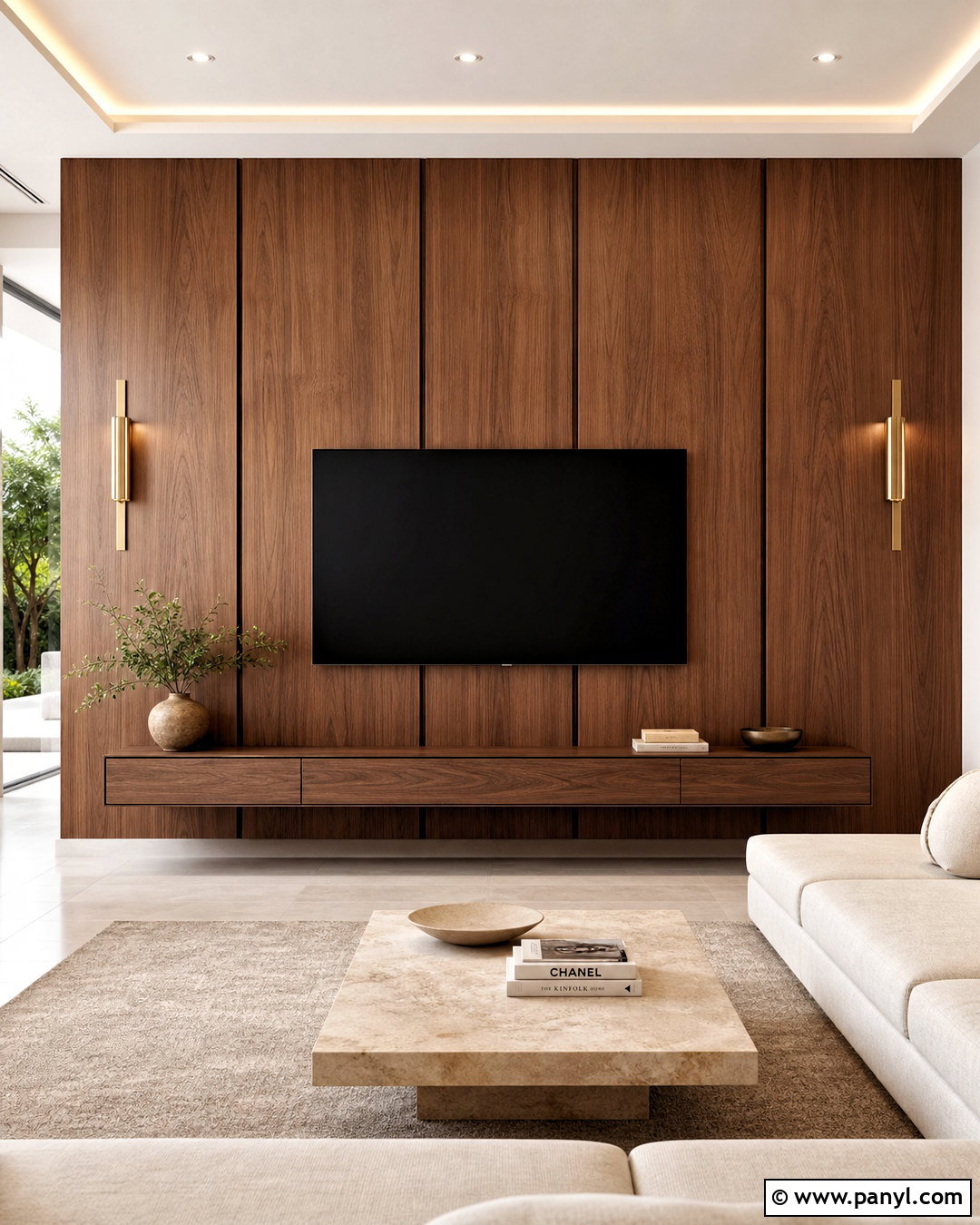 Walnut Wood Accent Wall With TV - 20 wood accent wall living room ideas