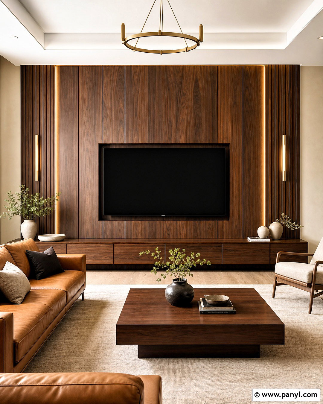 Walnut Wood TV Wall - 20 wood behind tv on wall ideas
