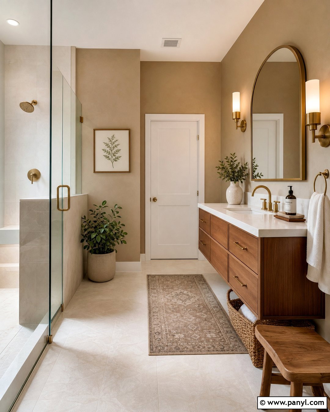 Warm Beige Bathroom Walls With Walnut Vanity - 25 warm beige wall ideas