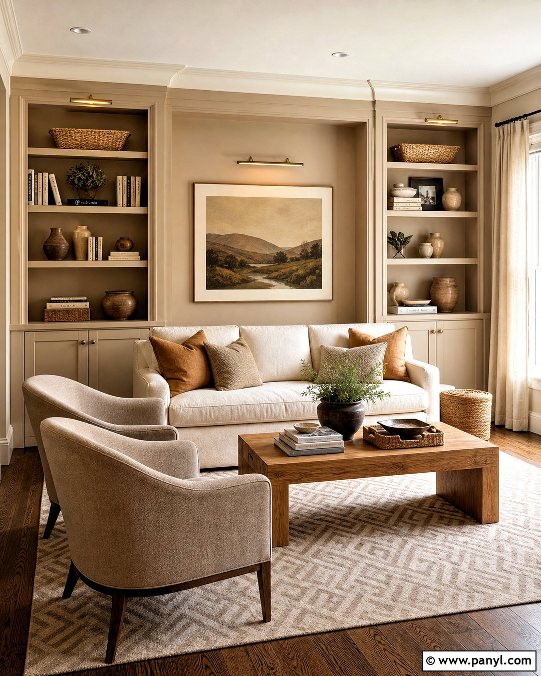 Warm Beige Living Room With Built-In Shelves - 20 warm beige living room ideas