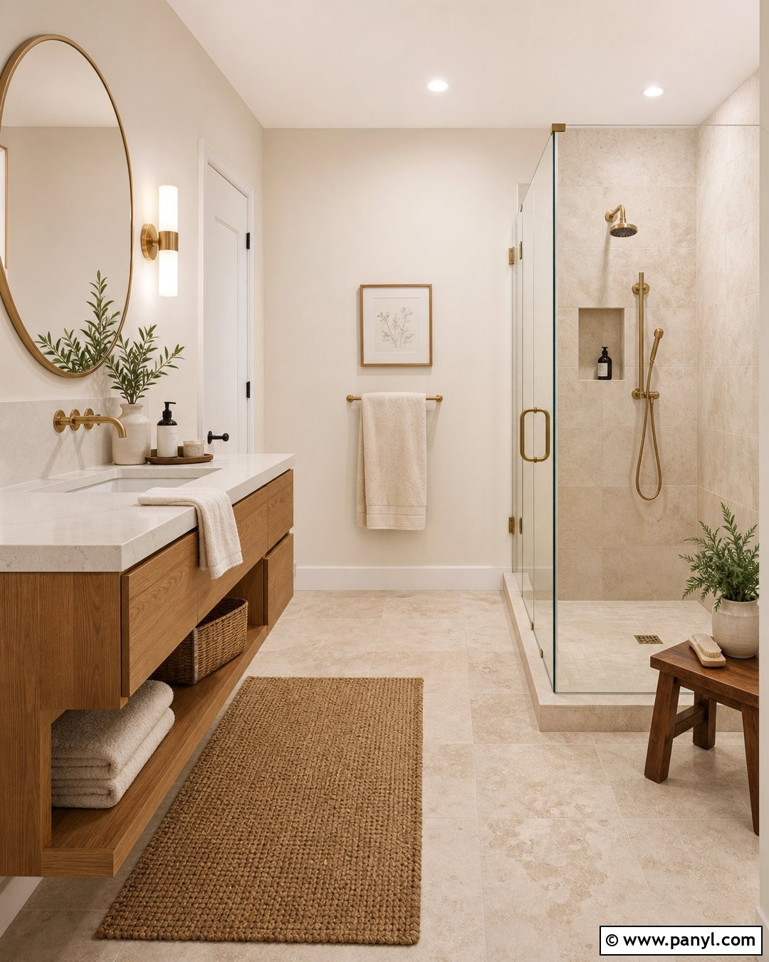 Warm Cream Bathroom With Travertine Tile - 25 Warm Cream Walls
