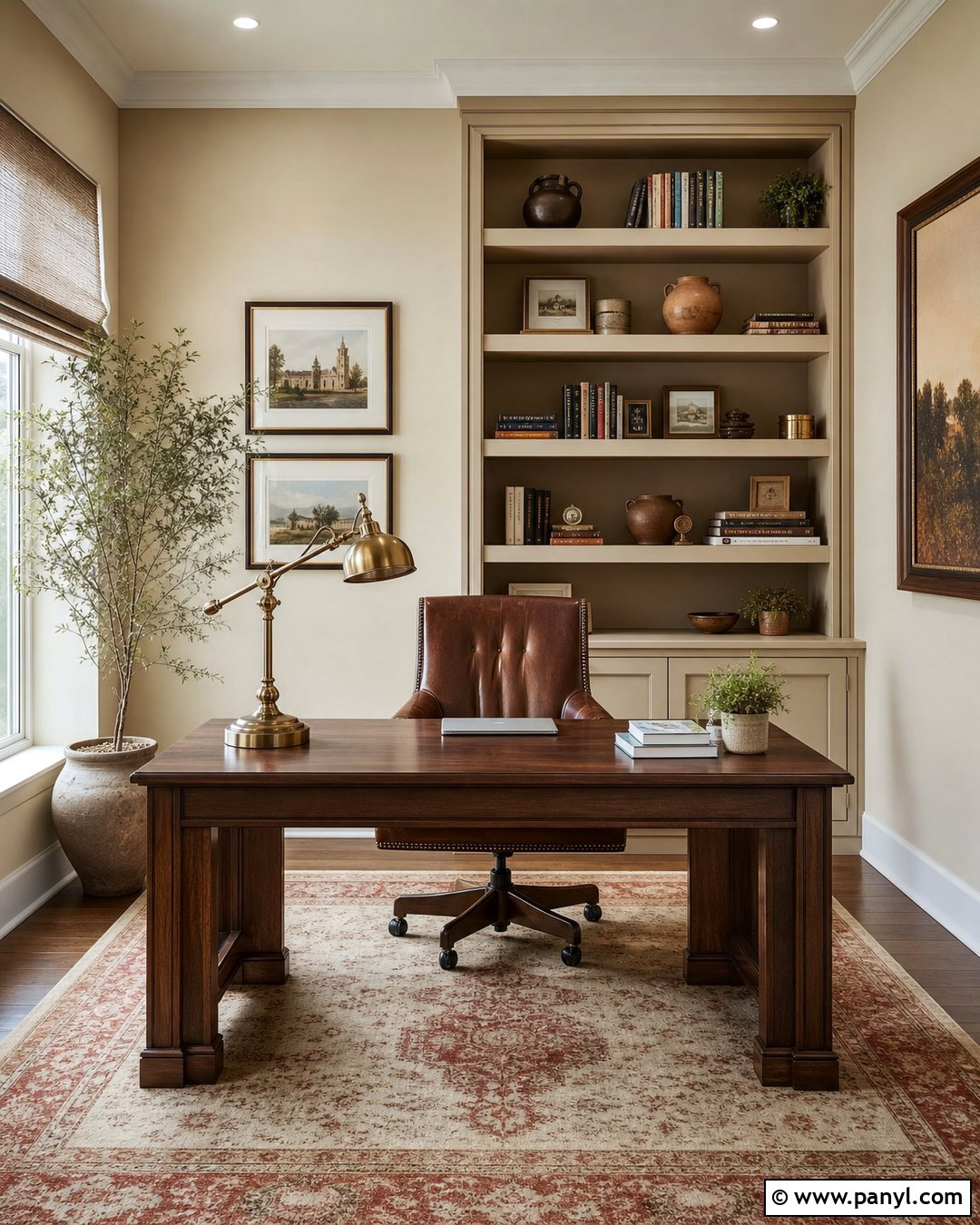 Warm Cream Home Office With Built-In Shelves - 25 Warm Cream Walls