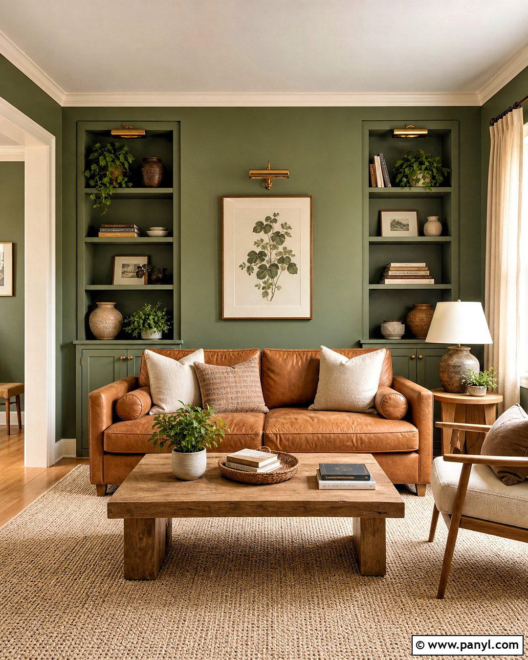 Warm Eucalyptus Green Living Room - 20 small living room paint color ideas