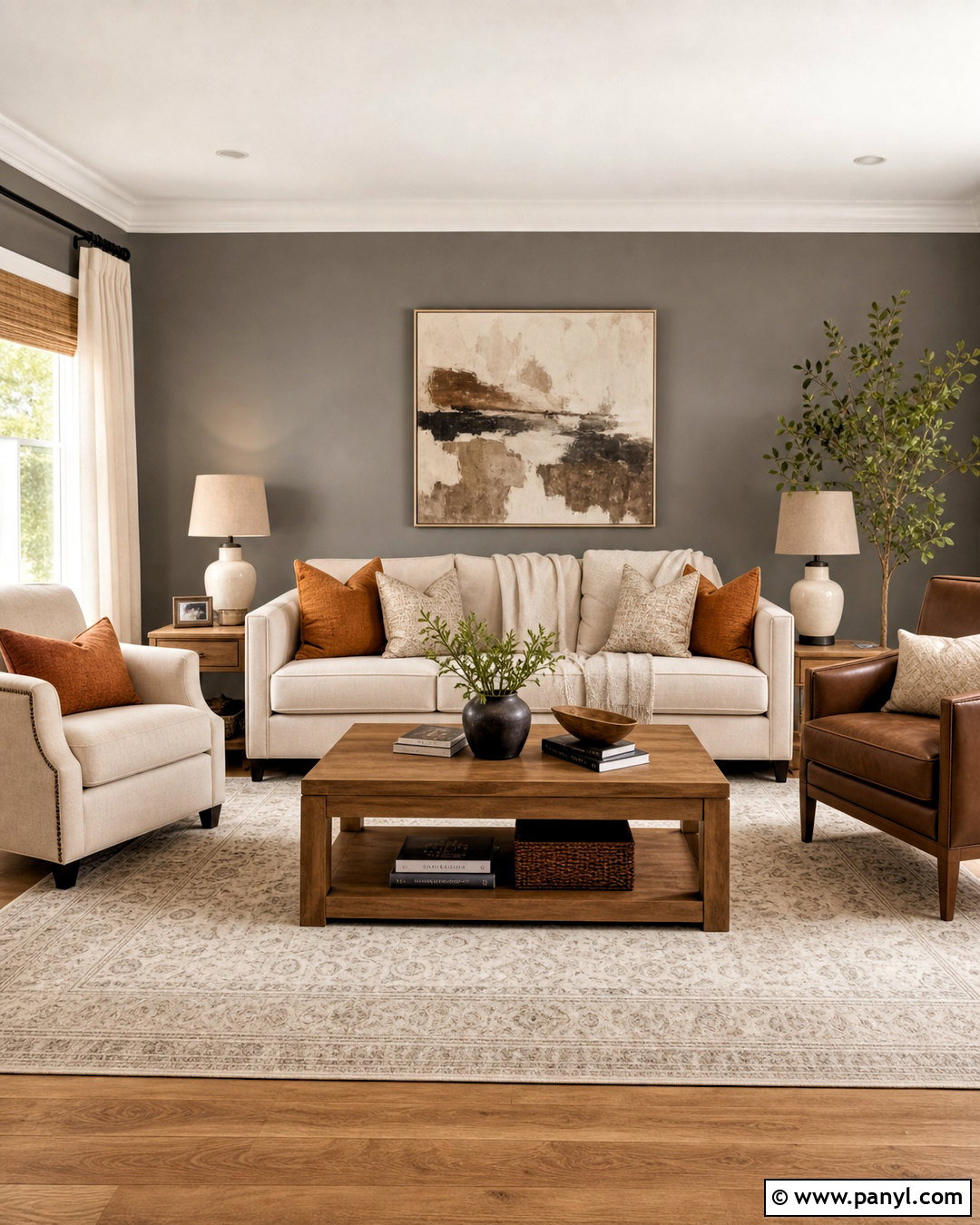 Warm Gray Accent Wall With Cream Sofa - 20 accent wall gray living room ideas