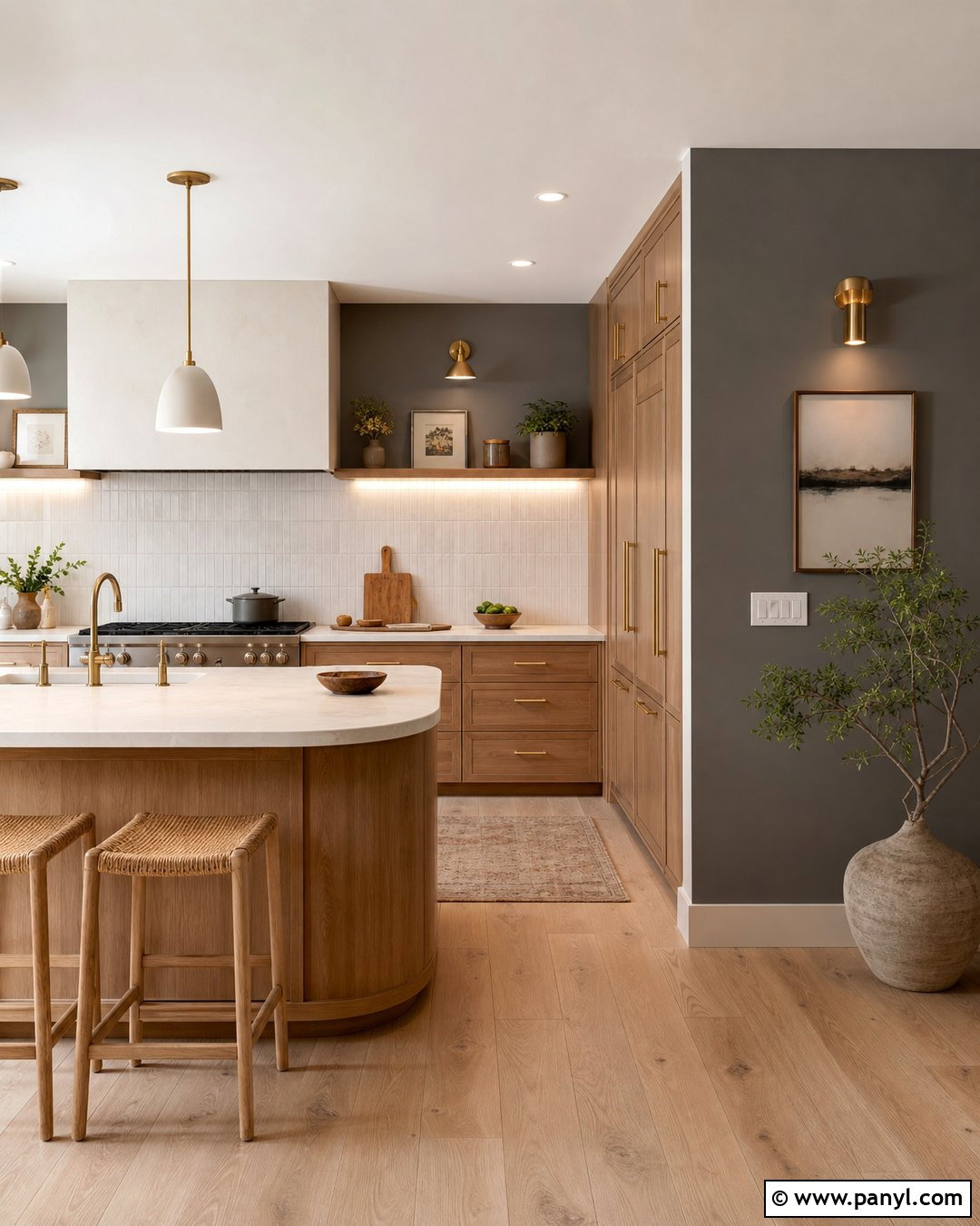 Warm Gray Accent Wall With Oak Cabinets - 20 Modern Kitchen With Gray Accent Wall Ideas