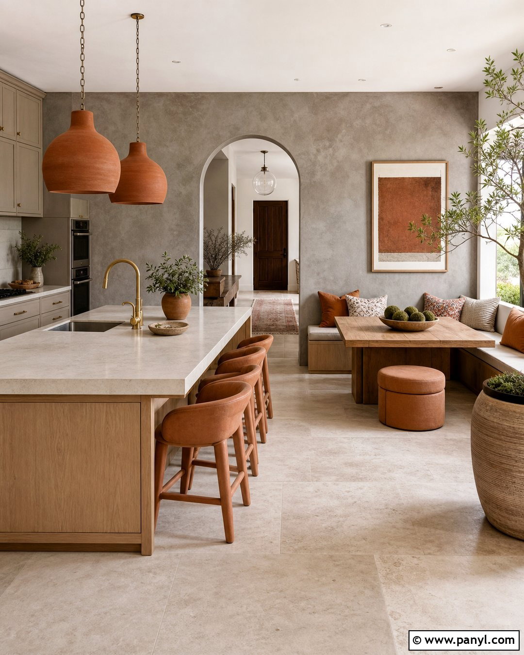Warm Gray Plaster Wall With Terracotta Accents - 20 Modern Kitchen With Gray Accent Wall Ideas