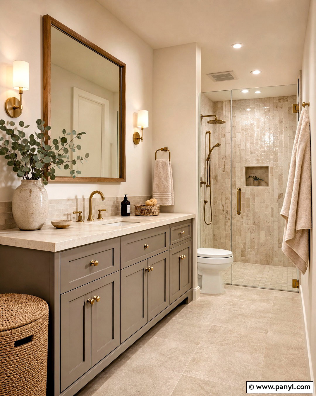 Warm Gray Vanity With Beige Tile - 20 gray vanity bathroom ideas