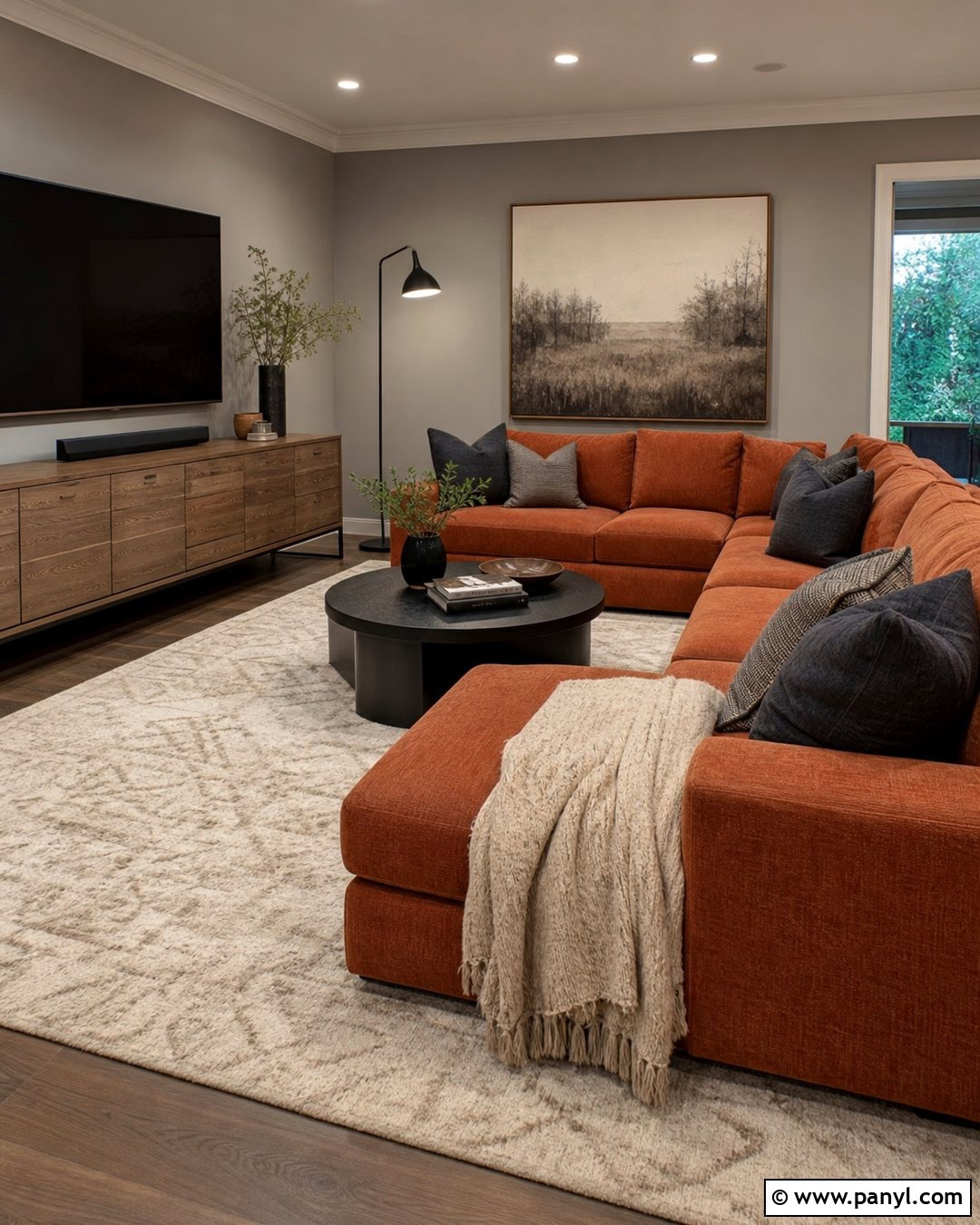 Warm Gray Walls With Burnt Orange Sectional - 20 Neutral Wall Color With Orange Furniture Ideas