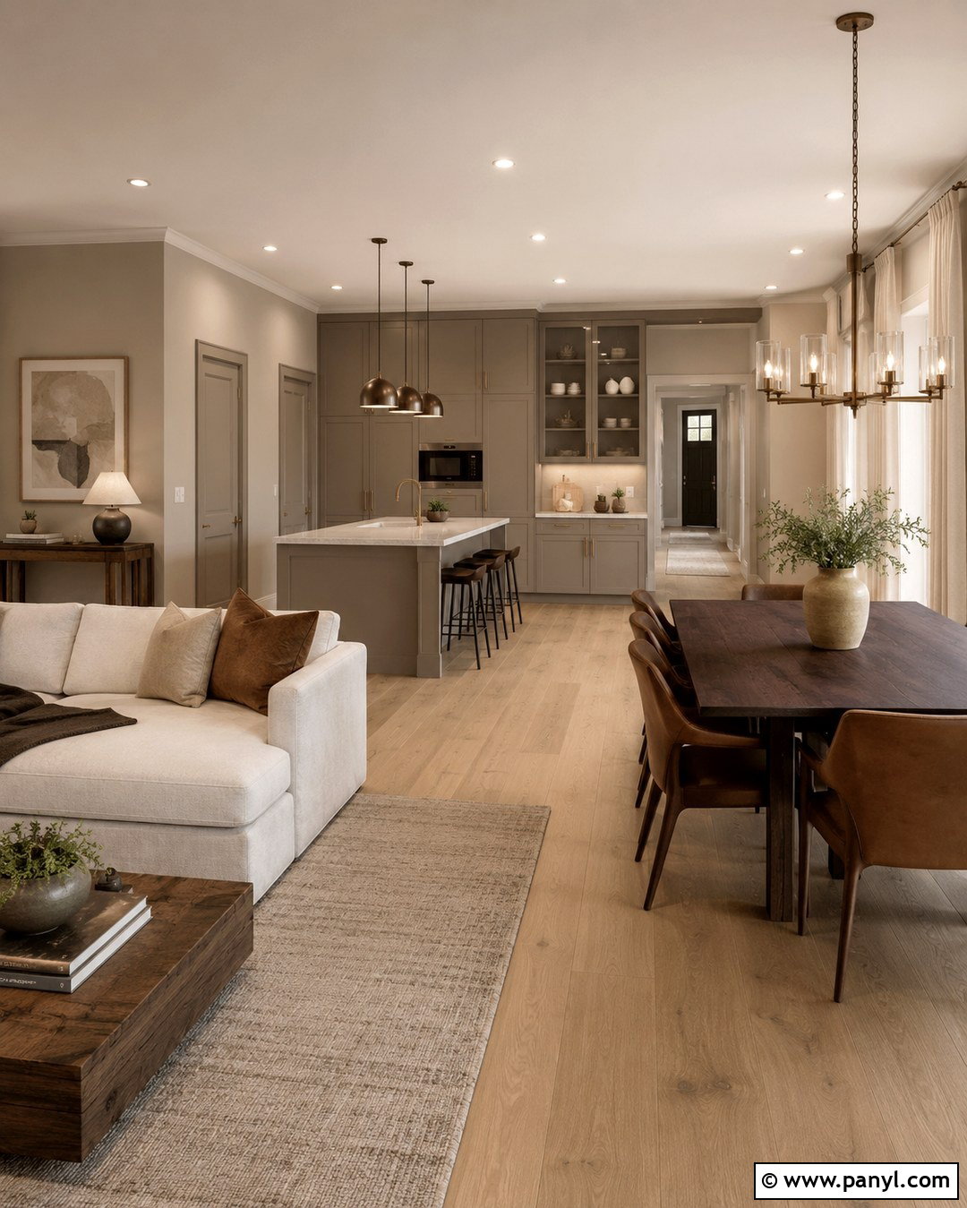 Warm Greige Color Drenched Walls - 20 Open Plan Wall Colour Ideas