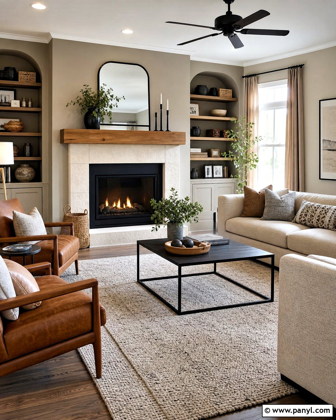 Warm Greige Fireplace Feature Wall - 20 grey feature wall living room ideas