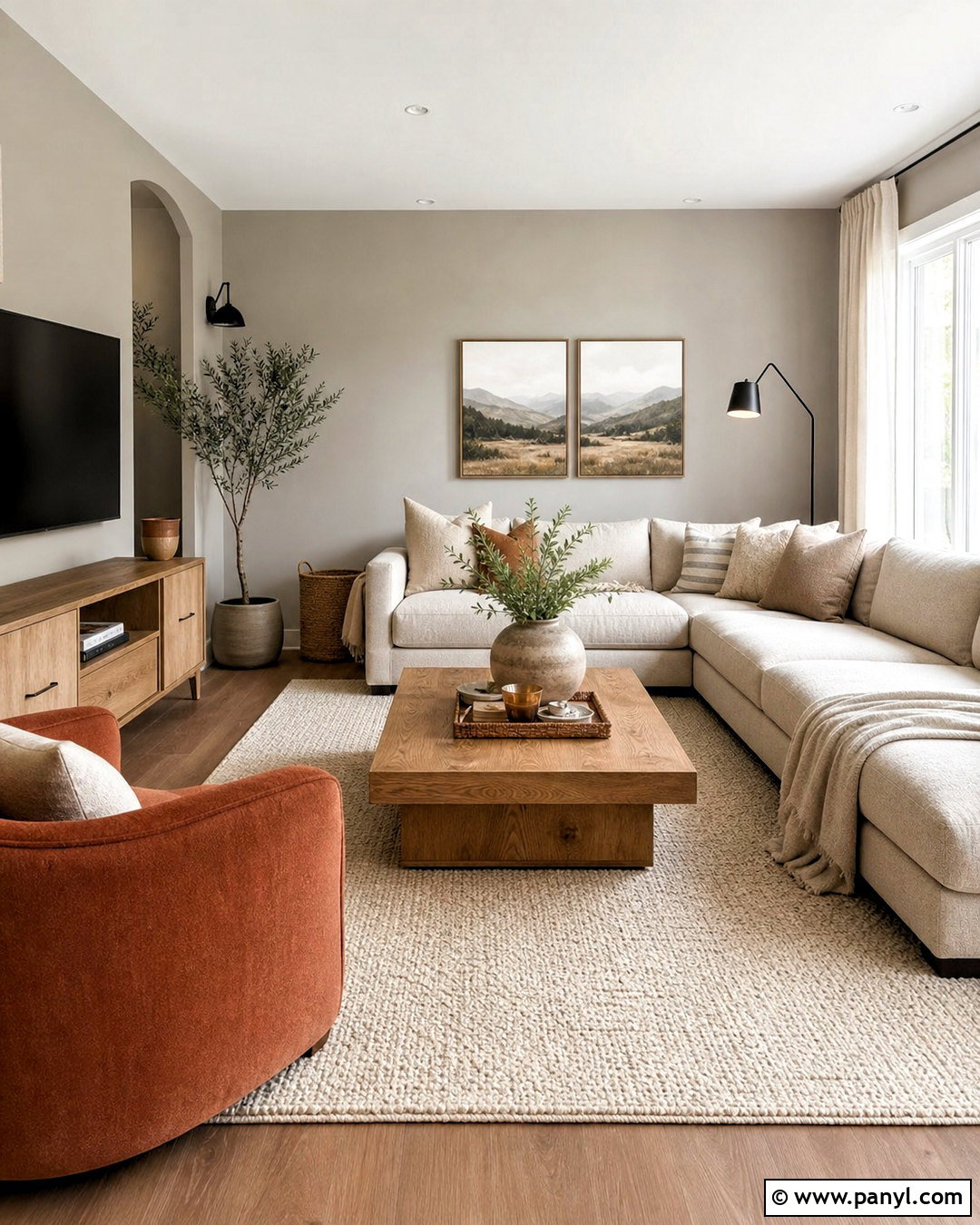 Warm Greige Living Room With Oak Furniture - 20 grey paint living room ideas
