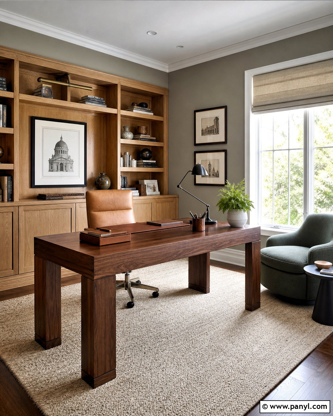 Warm Grey Home Office With Wood Desk - 20 warm grey walls