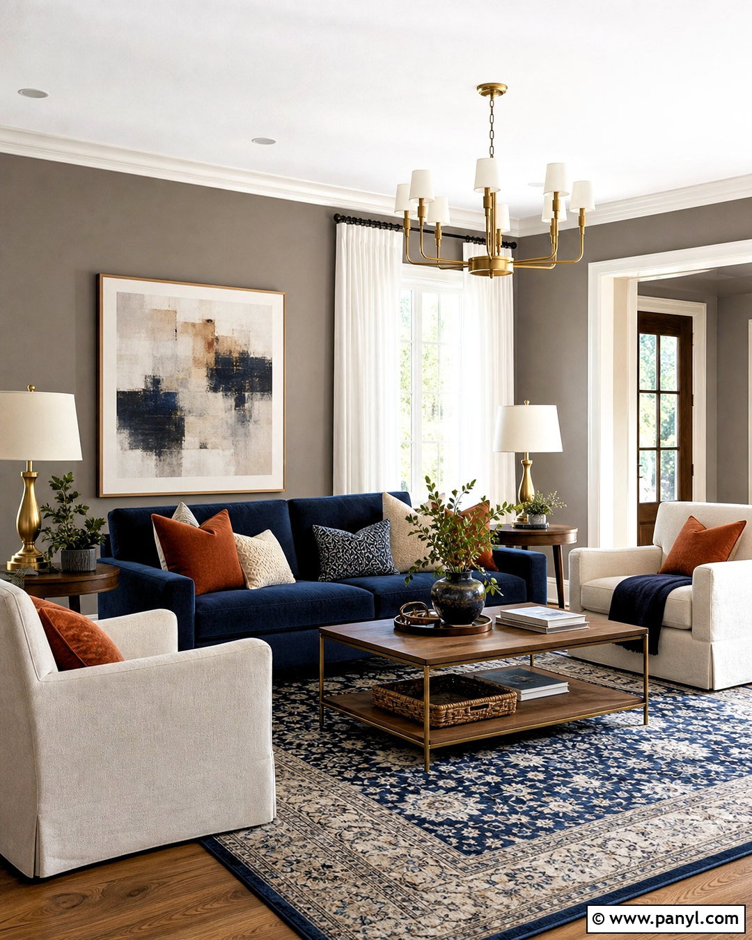 Warm Grey Living Room With Navy Accents - 20 warm grey walls