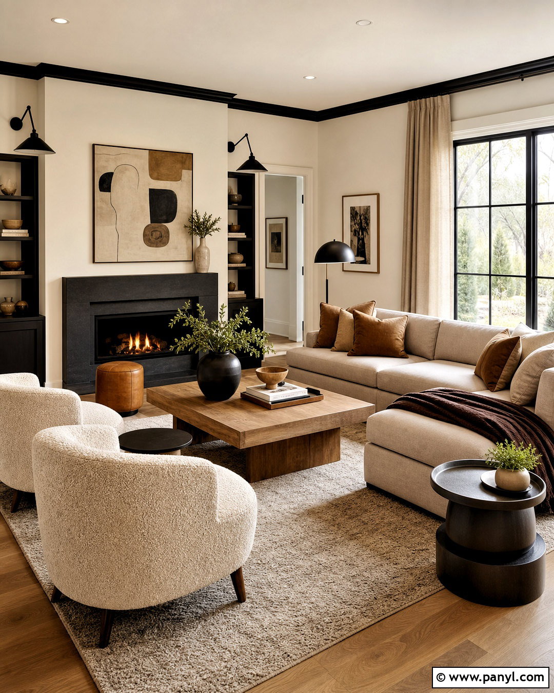 Warm Neutral Living Room With Black Trim - 20 white walls black trim living room ideas