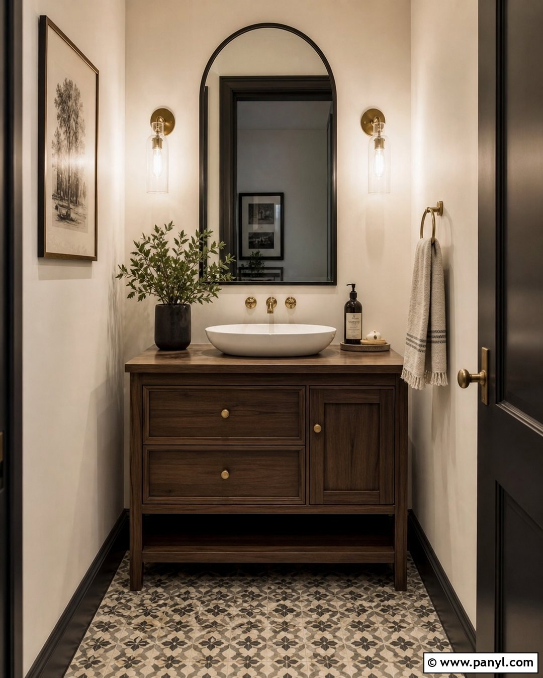 Warm Powder Room With White Walls And Black Baseboards - 20 White Walls Black Baseboards