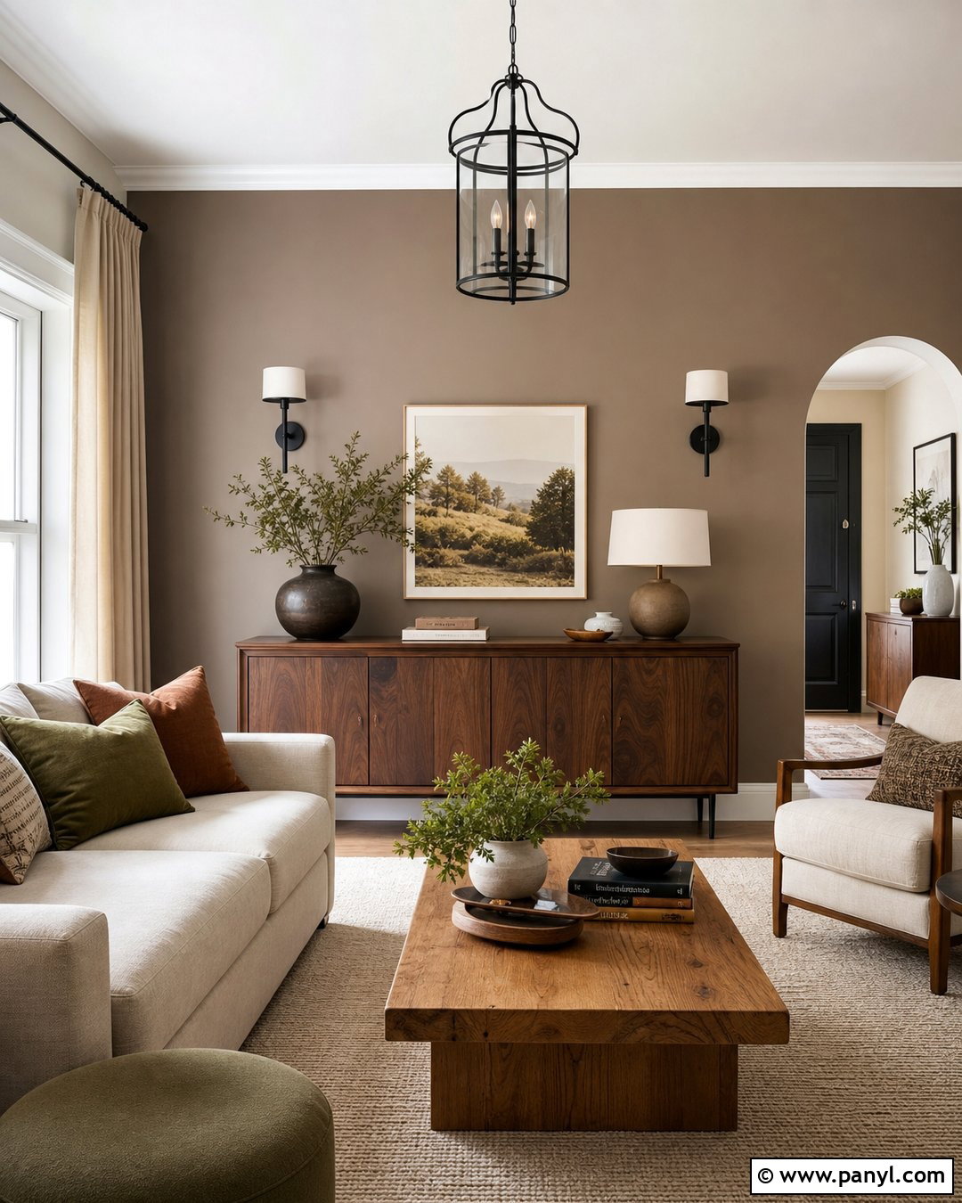 Warm Taupe Accent Wall With Wood Furniture - 30 Taupe Accent Wall Ideas