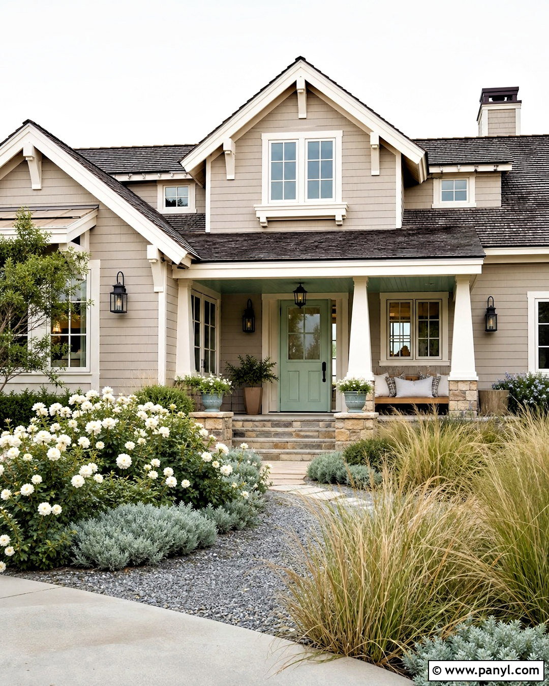 Warm Taupe Beach House Exterior With Sea Glass Door - 20 beach house exterior paint colors