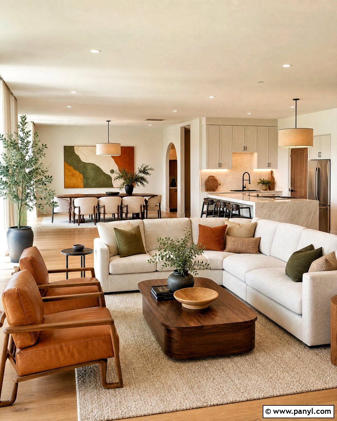 Warm White And Caramel Open Plan Room - 20 interior room color combination ideas
