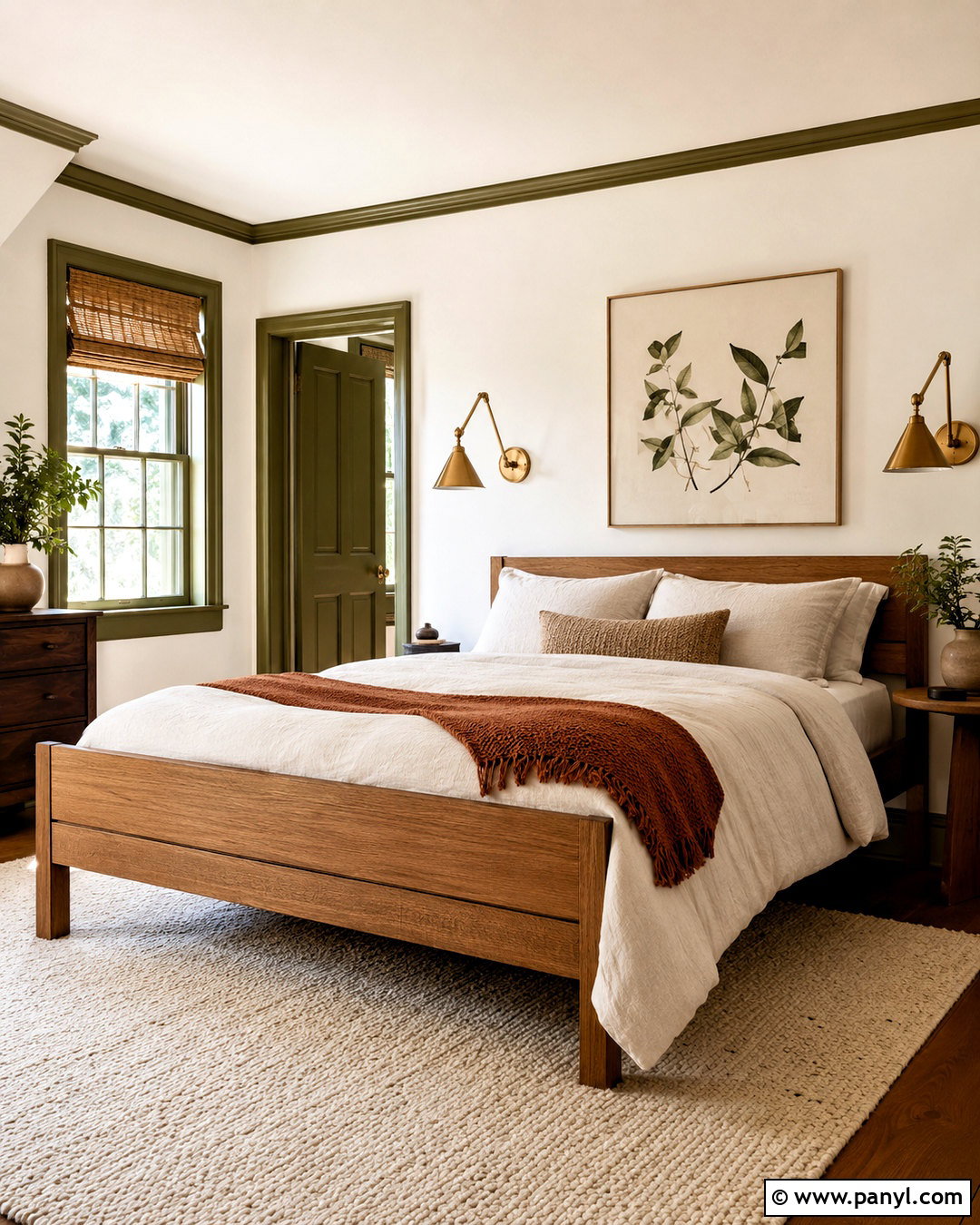 Warm White Bedroom With Olive Trim - 40 light walls darker trim ideas