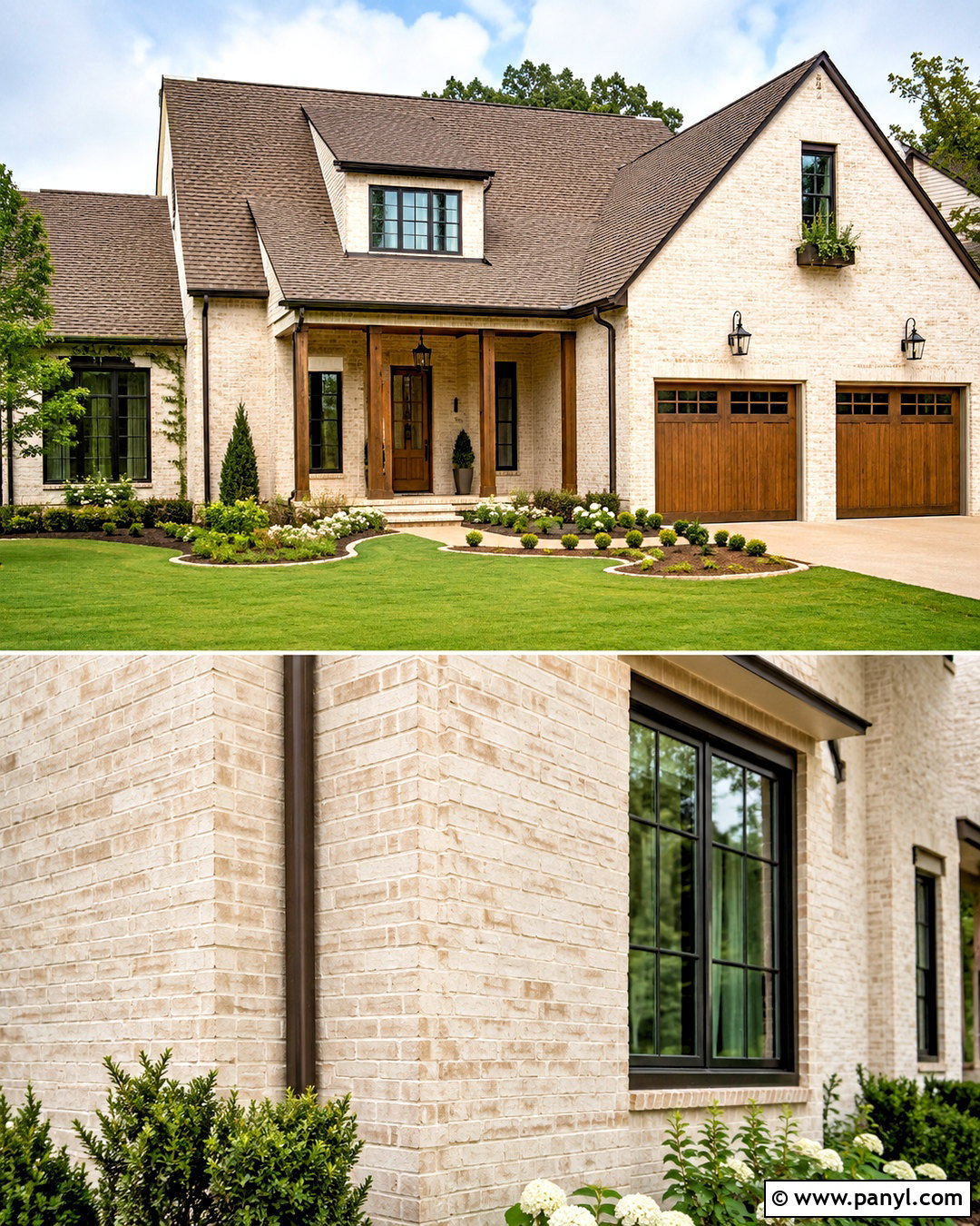 Warm White Brick Stain With Wood Accents - 20 brick stain exterior before and after ideas