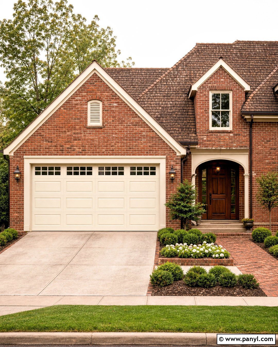 Warm White Garage Door With Red Brick - 20 garage door painting ideas