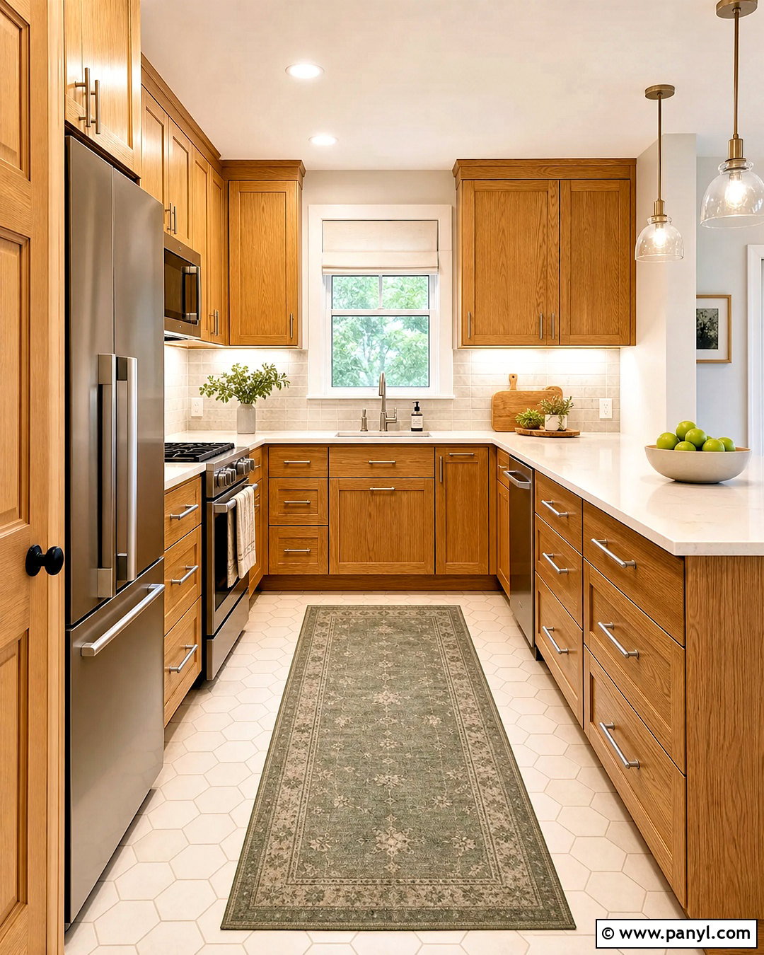 Warm White Hex Tile Flooring - 20 honey oak cabinets flooring ideas