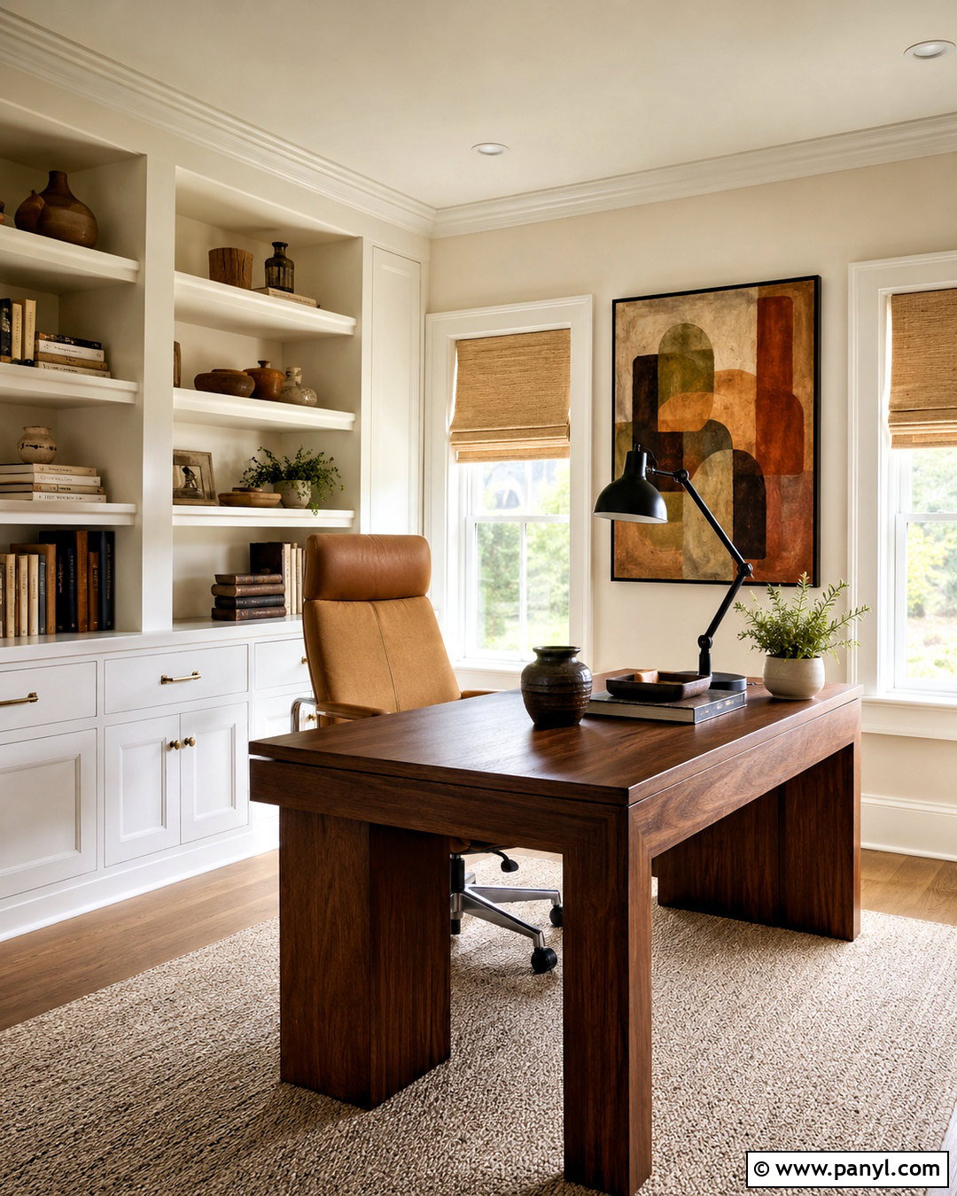Warm White Home Office With White Trim - 20 Warm White Walls With White Trim Ideas
