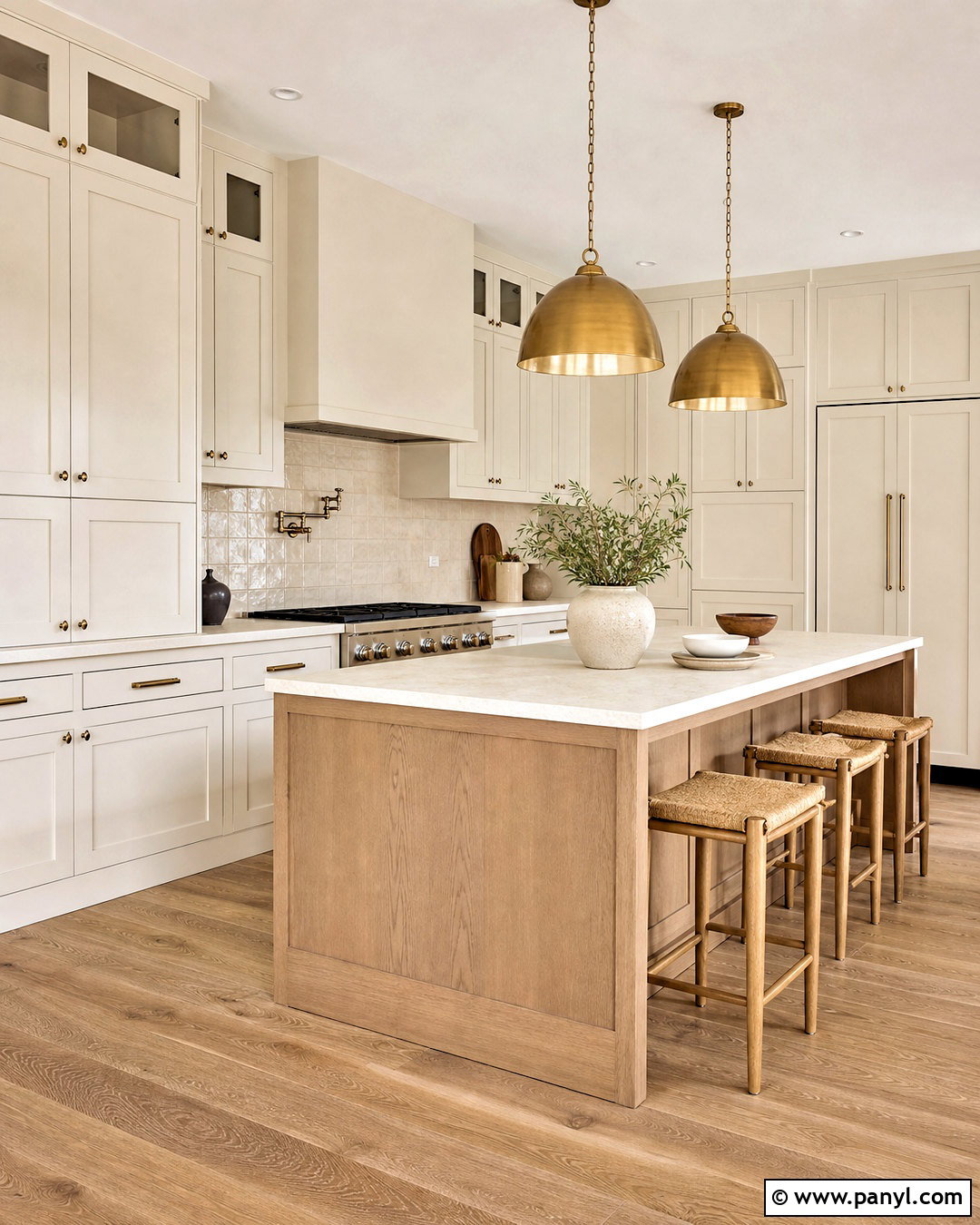 Warm White Kitchen Cabinets With White Oak Island - 20 warm white kitchen cabinets