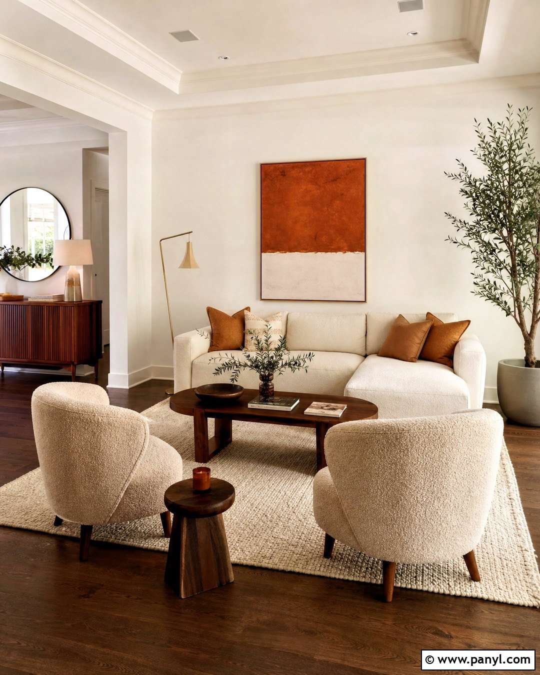 Warm White Living Room With Walnut Floors - 20 white walls dark floors living room ideas