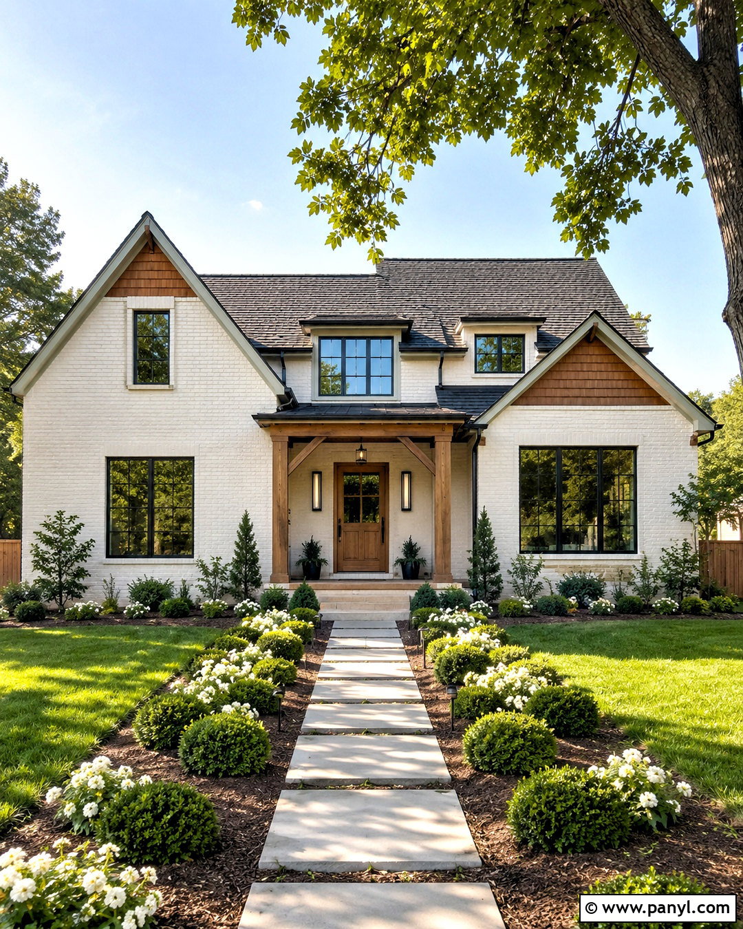 Warm White Painted Brick With Wood Accents - 20 painted brick house exterior before and after ideas