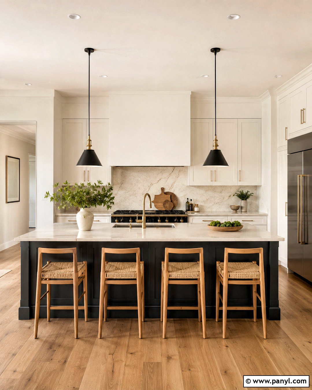 Warm White Walls With A Dark Kitchen Island - 35 warm white walls