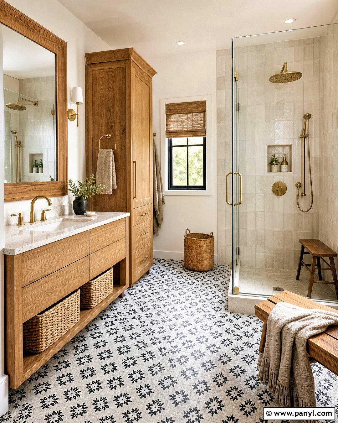 Warm Wood Bathroom With Black And White Tile Floor - 20 bathroom with black and white tile floor ideas