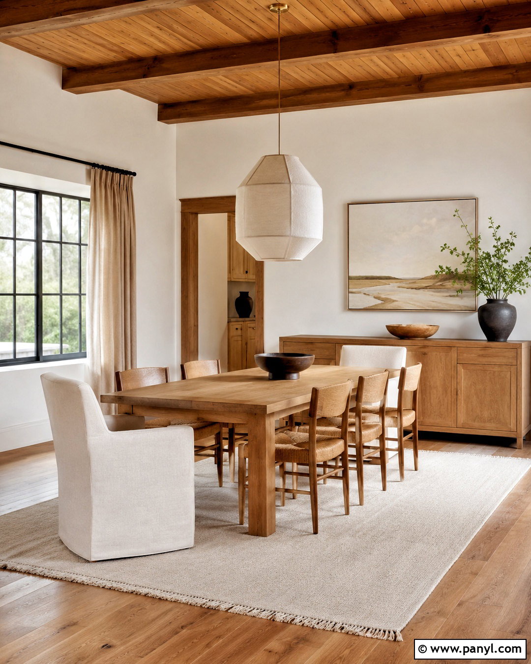 Warm Wood White Wall Dining Area - 20 White Wall Dining Area Ideas