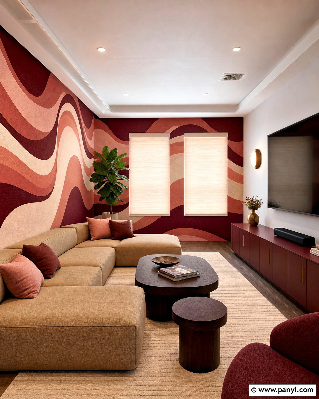 Wavy Red Wallpaper Media Room - 20 funky red wallpaper ideas