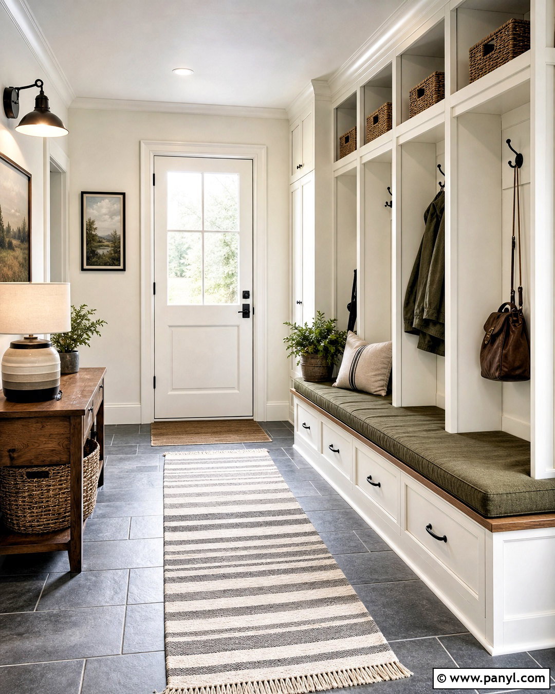 Whisper White Mudroom With Wood Bench - 20 whisper white behr ideas